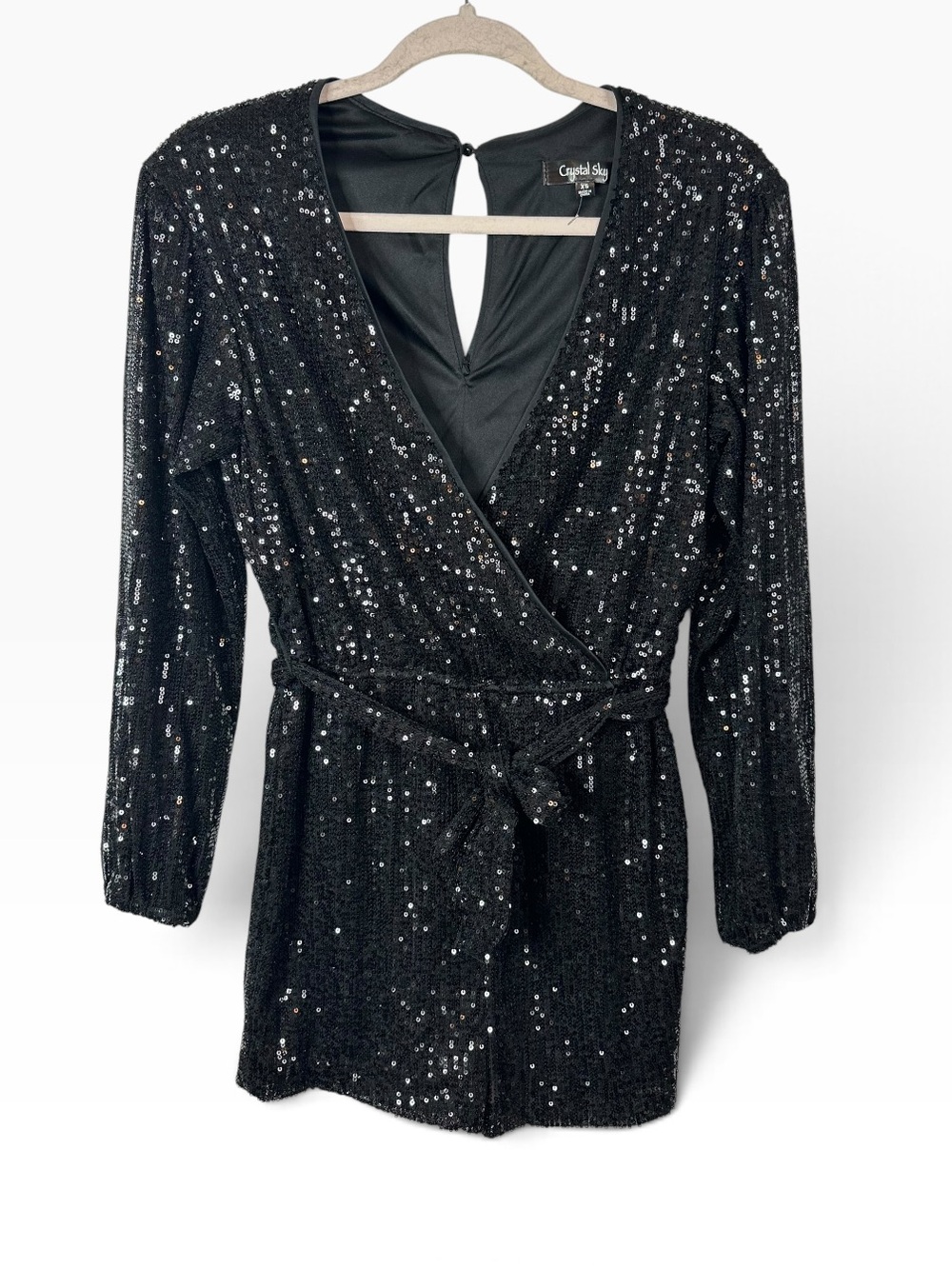 Crystal Sky Black Sequin Long Sleeve Wrap Romper Tie Waist Keyhole Back Size XS